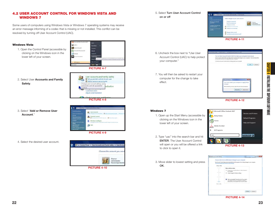 Windows 7, 2 user account control for windows vista and, Chapter 4 inst alling the superdvr softw are | Q-See QSDT16PCRC User Manual | Page 12 / 56
