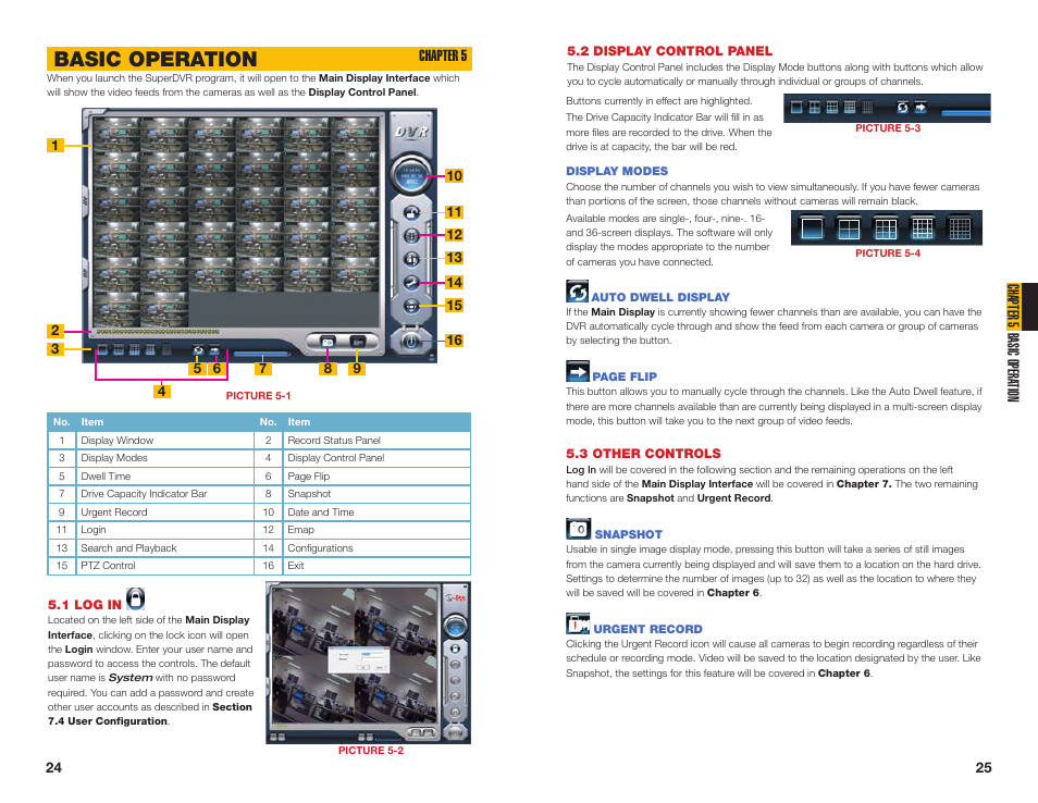 3 other controls, Snapshot, Urgent record | 2 display control panel, Display modes, Auto dwell display, 1 log in, Basic operation, Chapter 5 basic opera tion, Chapter 5 | Q-See QSDT16PCRC User Manual | Page 13 / 56