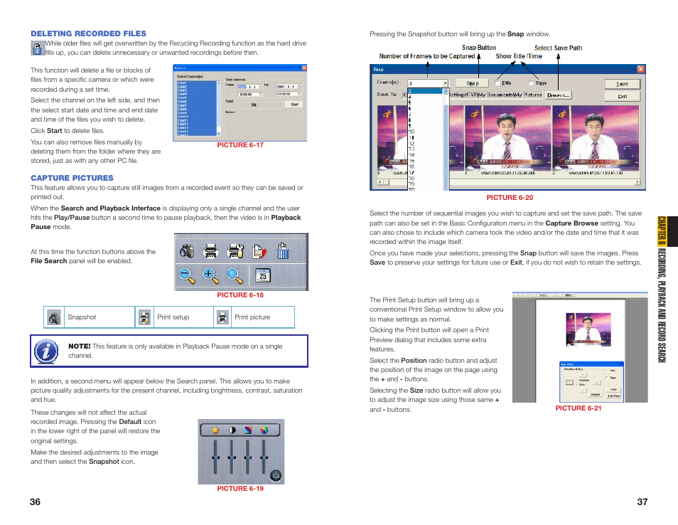 Deleting recorded files, Capture pictures, Chapter 6 recording, pla yback and record search | Q-See QSDT16PCRC User Manual | Page 19 / 56