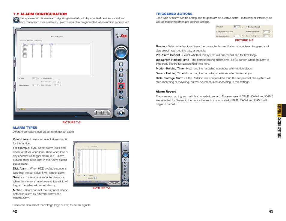 2 alarm configuration, Alarm types, Triggered actions | Chapter 7 system settings | Q-See QSDT16PCRC User Manual | Page 22 / 56