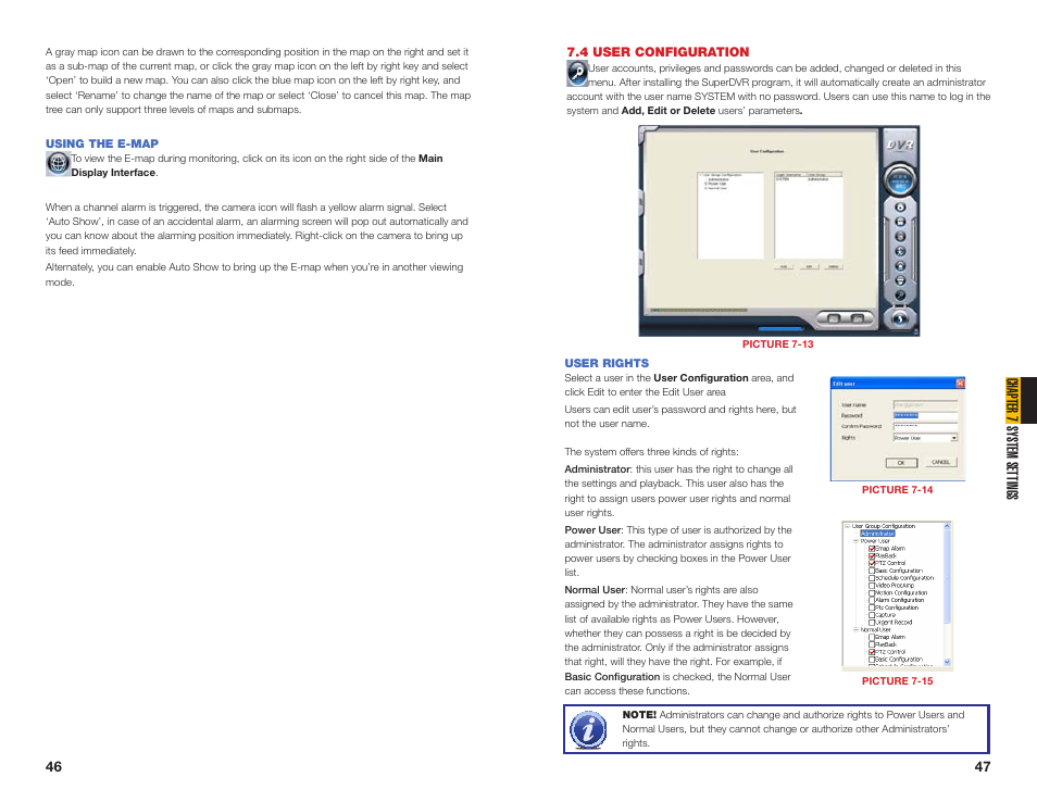 4 user configuration, User rights, Using the e-map | Chapter 7 system settings | Q-See QSDT16PCRC User Manual | Page 24 / 56