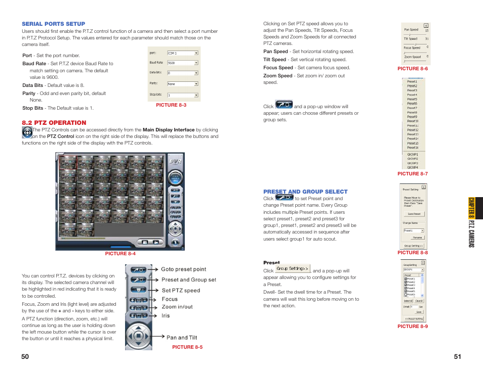 2 ptz operation, Preset and group select, Serial ports setup | Chapter 8 p .t.z. cameras | Q-See QSDT16PCRC User Manual | Page 26 / 56