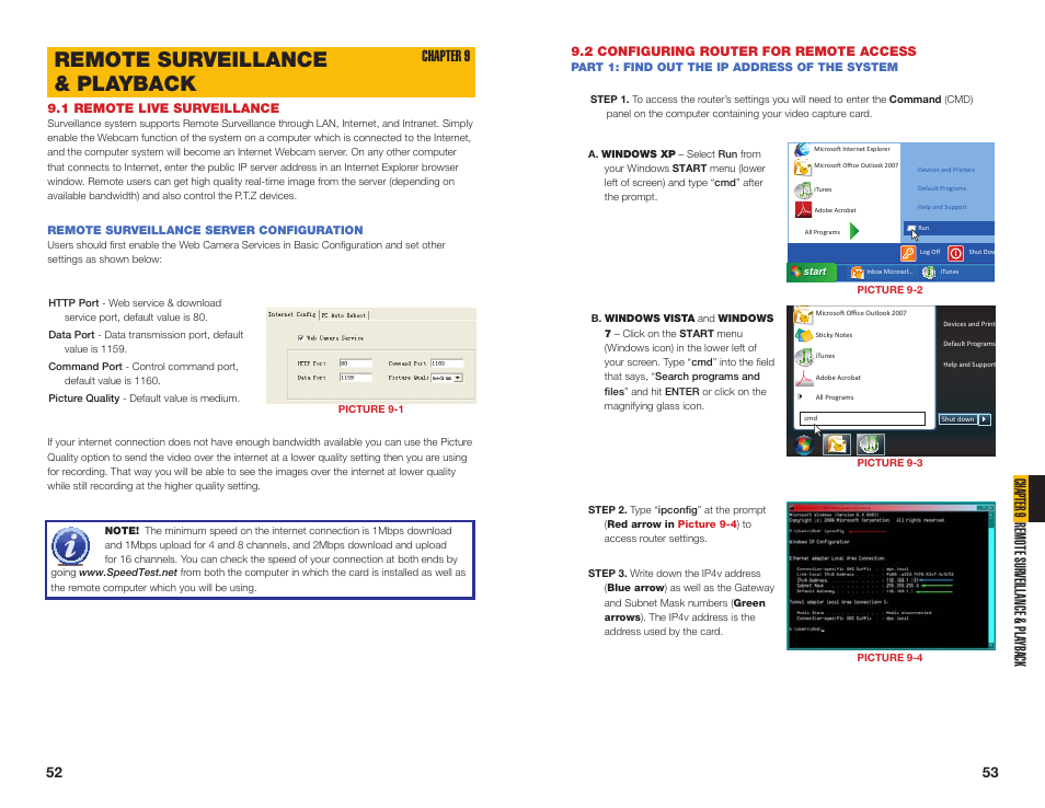 2 configuring router for remote access, Part 1: find out the ip address of the system, 1 remote live surveillance | Remote surveillance server configuration, Remote surveillance & playback, Cha pter 9 remote sur veillance & pla yback, Chapter 9 | Q-See QSDT16PCRC User Manual | Page 27 / 56