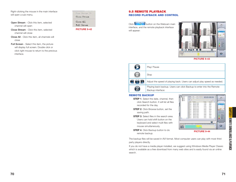 5 remote playback, Record playback and control, Remote backup | Cha pter 9 remote sur veillance & pla yback | Q-See QSDT16PCRC User Manual | Page 36 / 56
