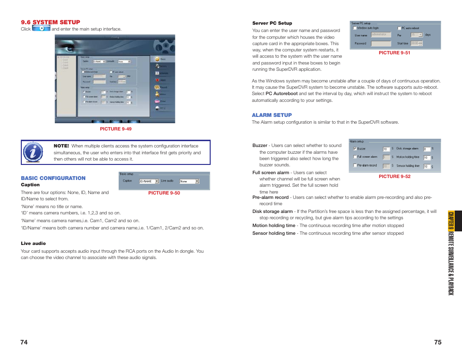 6 system setup, Basic configuration, Alarm setup | Cha pter 9 remote sur veillance & pla yback | Q-See QSDT16PCRC User Manual | Page 38 / 56