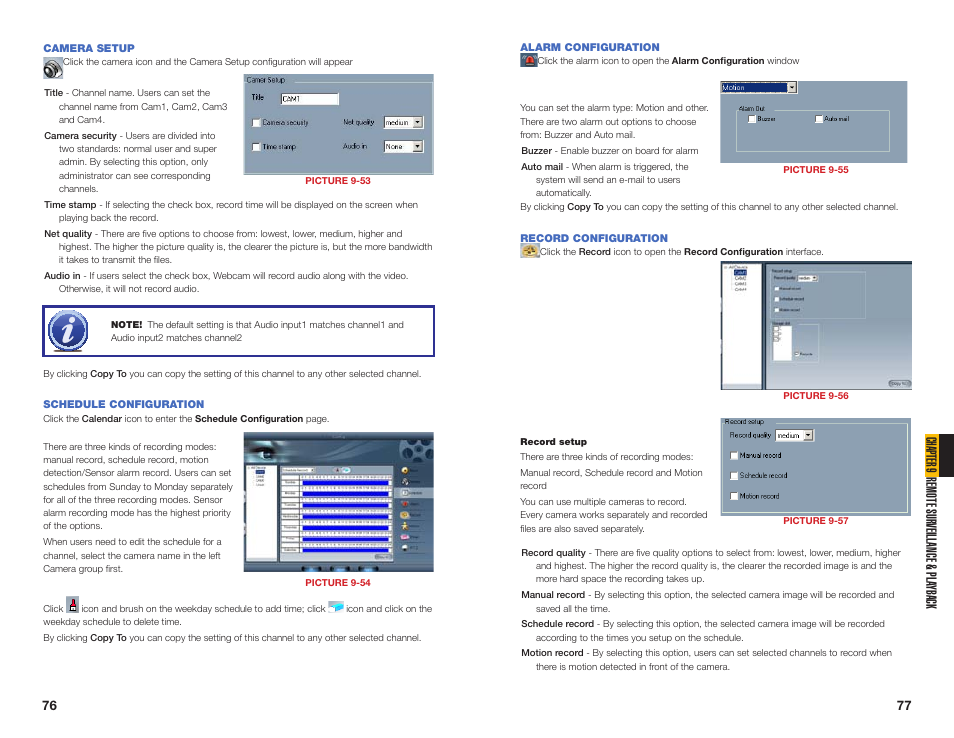 Camera setup, Schedule configuration, Alarm configuration | Record configuration, Cha pter 9 remote sur veillance & pla yback | Q-See QSDT16PCRC User Manual | Page 39 / 56