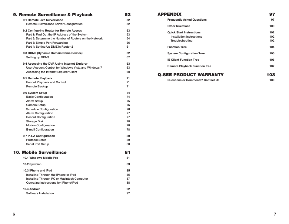 Remote surveillance & playback 52, Mobile surveillance 81, Appendix 97 | Q-see product warranty 108 | Q-See QSDT16PCRC User Manual | Page 4 / 56