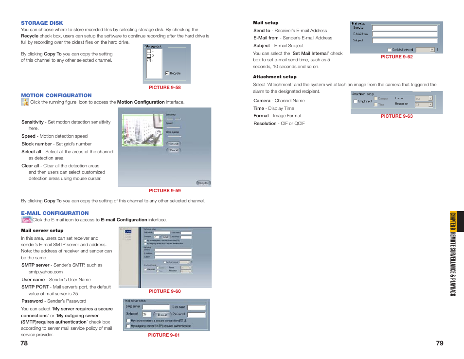 Storage disk, Motion configuration, E-mail configuration | Cha pter 9 remote sur veillance & pla yback | Q-See QSDT16PCRC User Manual | Page 40 / 56
