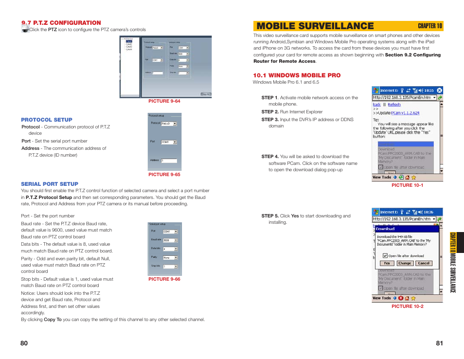1 windows mobile pro, 7 p.t.z configuration, Protocol setup | Serial port setup, Mobile surveillance, Chapter 10 mobile sur veillance, Chapter 10 | Q-See QSDT16PCRC User Manual | Page 41 / 56