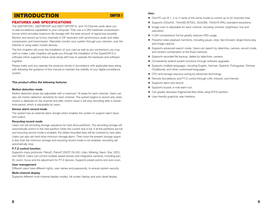 Features and specifications, Introduction, Chapter 1 | Q-See QSDT16PCRC User Manual | Page 5 / 56