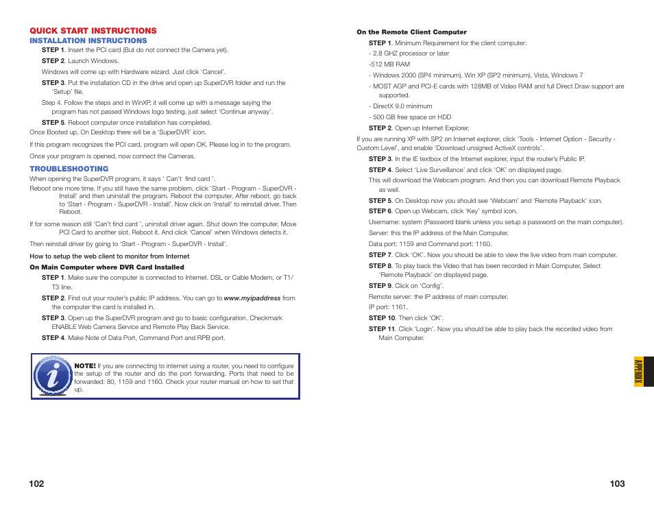 Quick start instructions, Installation instructions, Troubleshooting | Appendix | Q-See QSDT16PCRC User Manual | Page 52 / 56