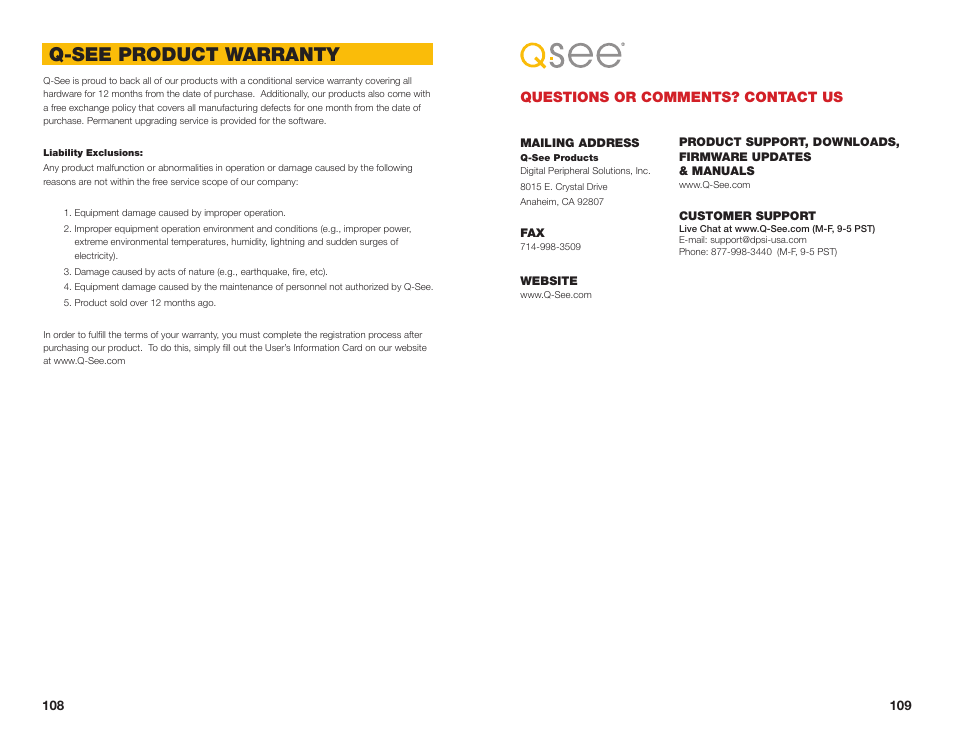 Questions or comments? contact us, Q-see product warranty | Q-See QSDT16PCRC User Manual | Page 55 / 56