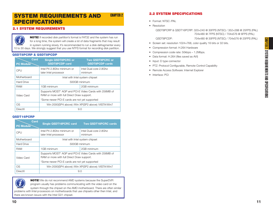 2 system specifications, 1 system requirements, Qsdt16pcrp | System requirements and specifications, Qsdt8pcrp & qsdt8pcdp, Chapter 2 system requirements and specifica tions, Chapter 2 | Q-See QSDT16PCRC User Manual | Page 6 / 56