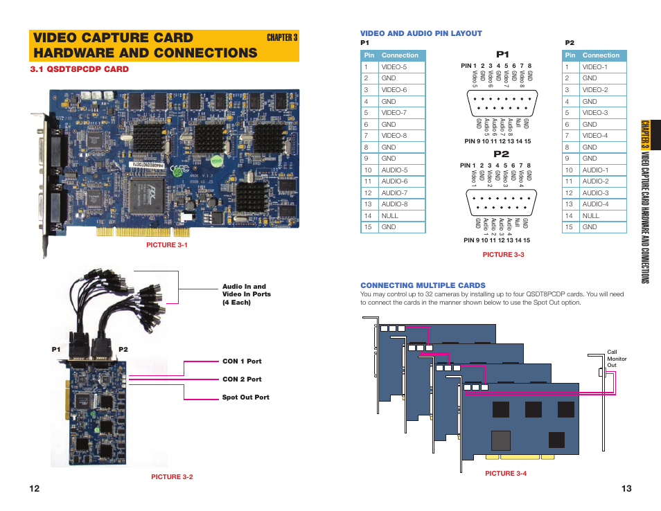 1 qsdt8pcdp card, Video and audio pin layout, Connecting multiple cards | Video capture card, Hardware and connections, Video capture card hardware and connections 12, Video capture card hardware and connections, Chapter 3 | Q-See QSDT16PCRC User Manual | Page 7 / 56