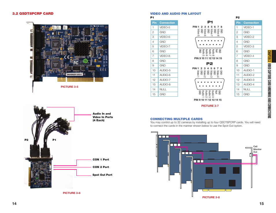 2 qsdt8pcrp card, Video and audio pin layout, Connecting multiple cards | Q-See QSDT16PCRC User Manual | Page 8 / 56