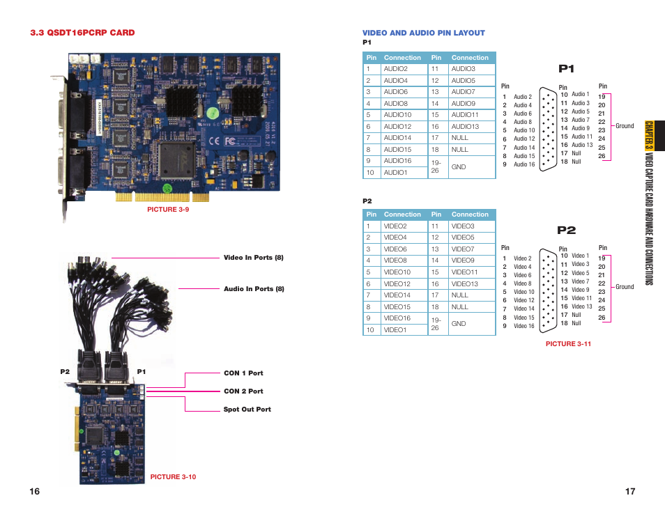 3 qsdt16pcrp card, Video and audio pin layout | Q-See QSDT16PCRC User Manual | Page 9 / 56