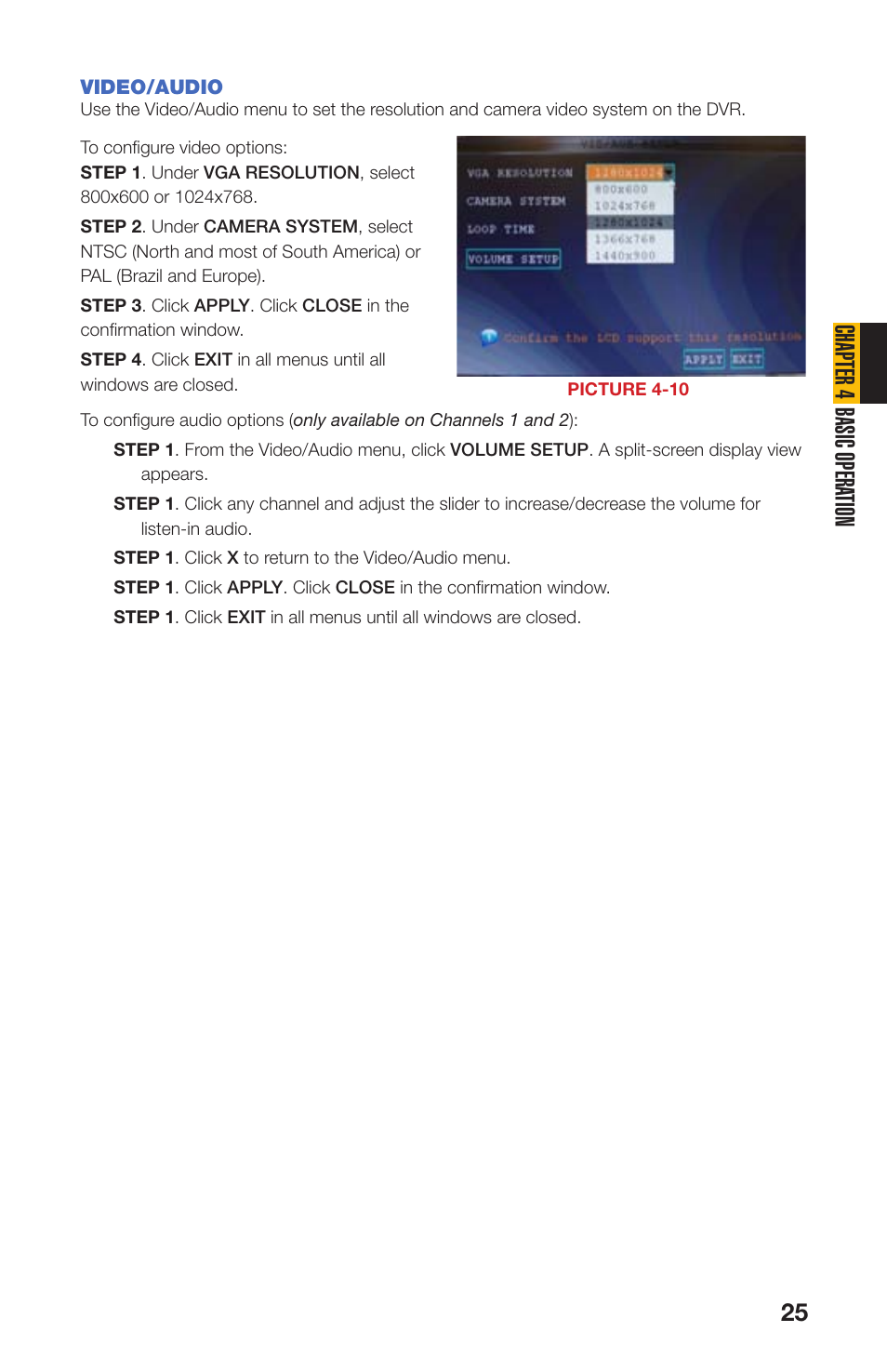 Video/audio, Chapter 4 basic opera tion | Q-See QS408 User Manual | Page 25 / 85