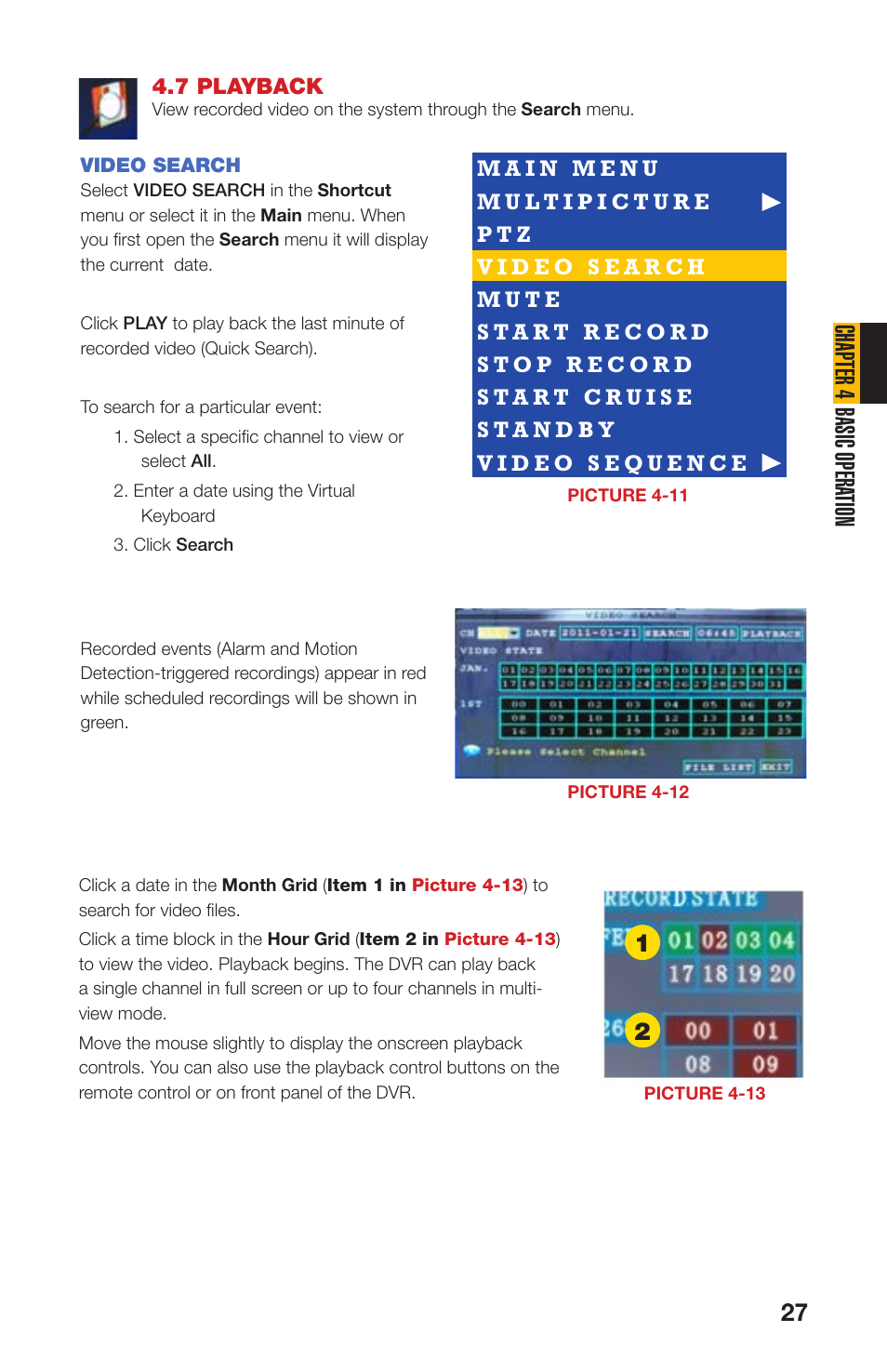 7 playback, Video search, Chapter 4 basic opera tion | Q-See QS408 User Manual | Page 27 / 85