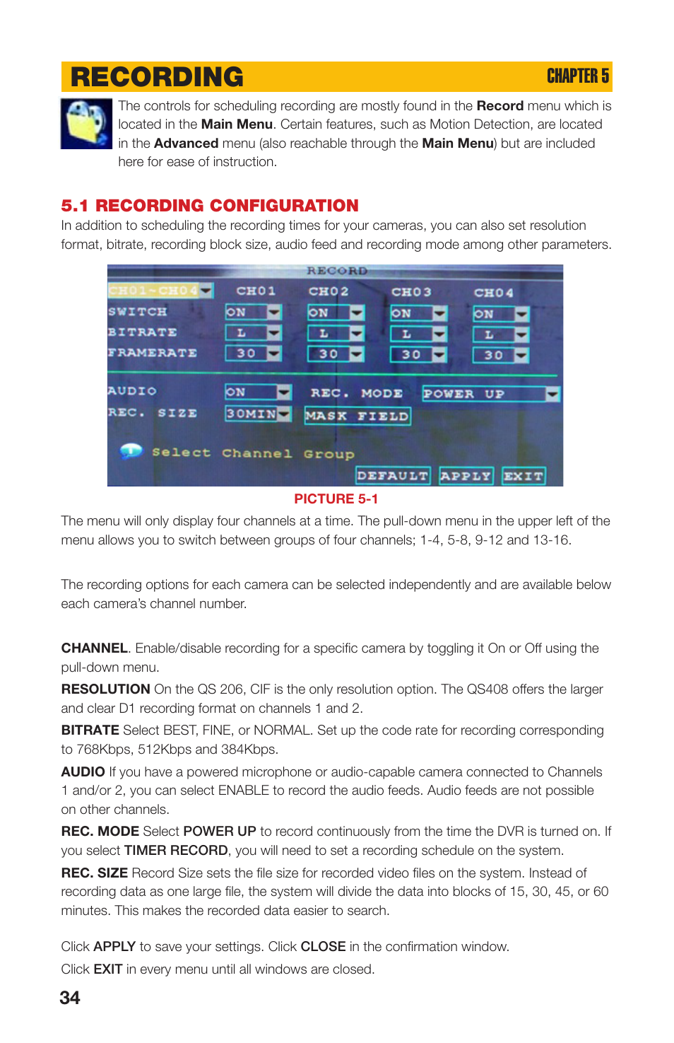 1 recording configuration, Recording, Chapter 5 | Q-See QS408 User Manual | Page 34 / 85