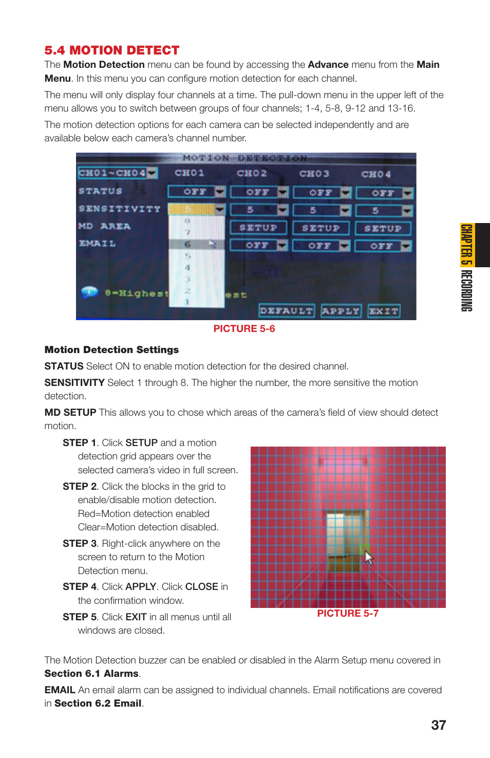 4 motion detect, Chapter 5 recording | Q-See QS408 User Manual | Page 37 / 85