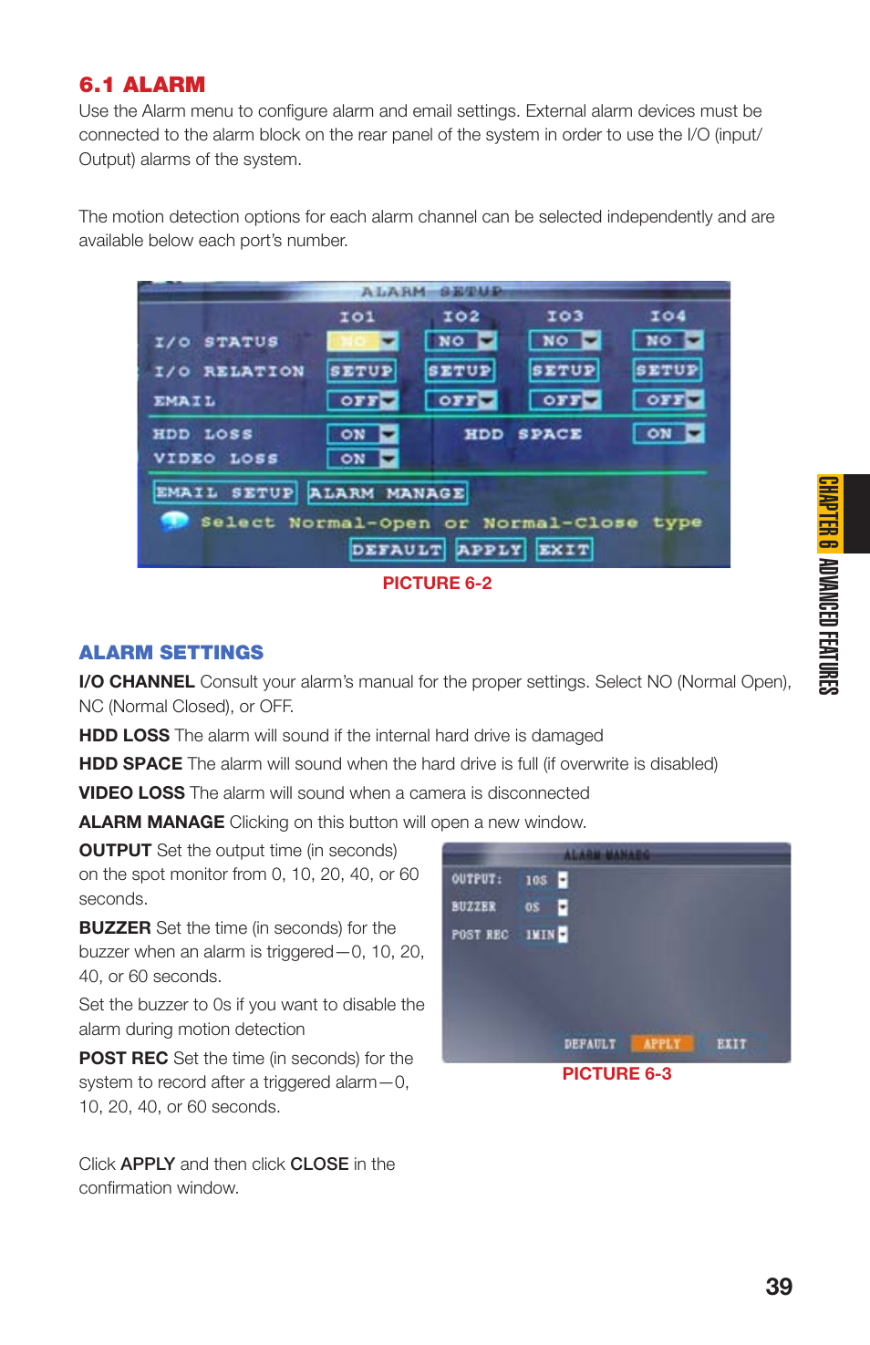 1 alarm, Chapter 6 adv anced fea tures | Q-See QS408 User Manual | Page 39 / 85