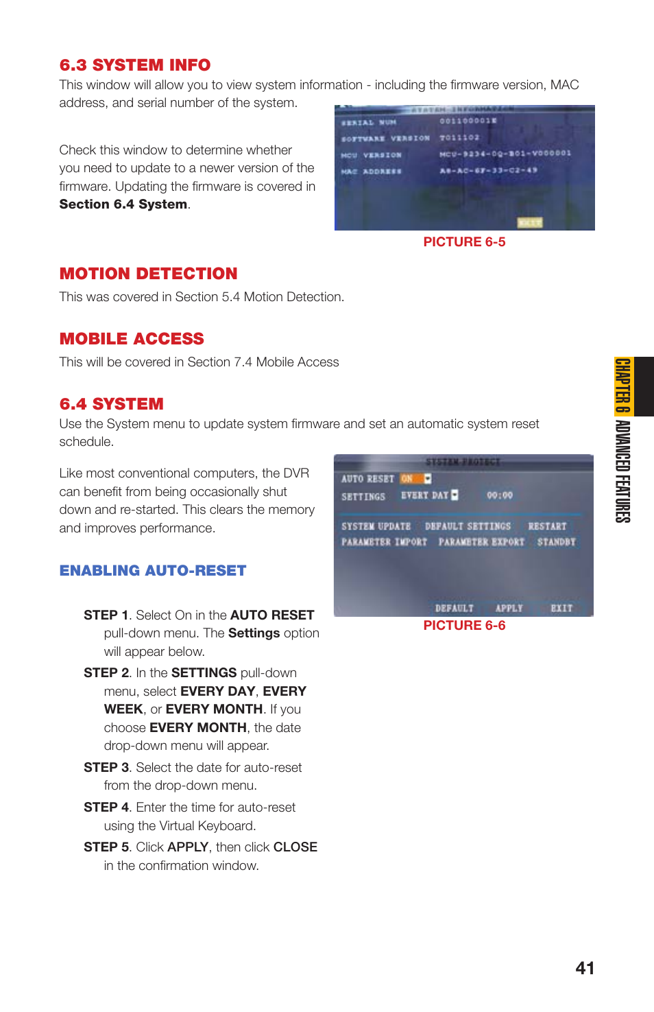 4 system, 3 system info, Chapter 6 adv anced fea tures | Q-See QS408 User Manual | Page 41 / 85