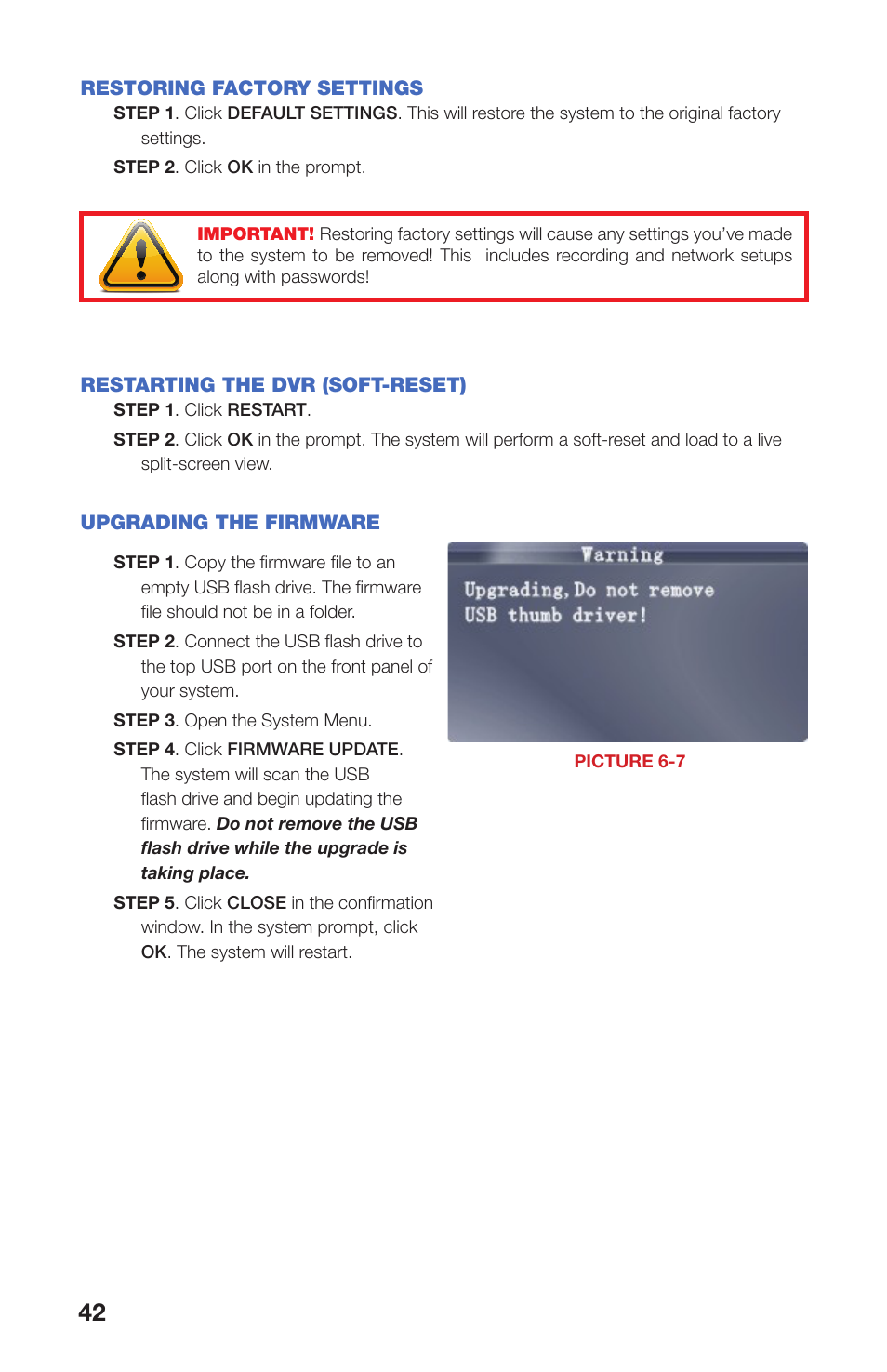 Restoring factory settings, Restarting the dvr (soft-reset), Upgrading the firmware | Q-See QS408 User Manual | Page 42 / 85