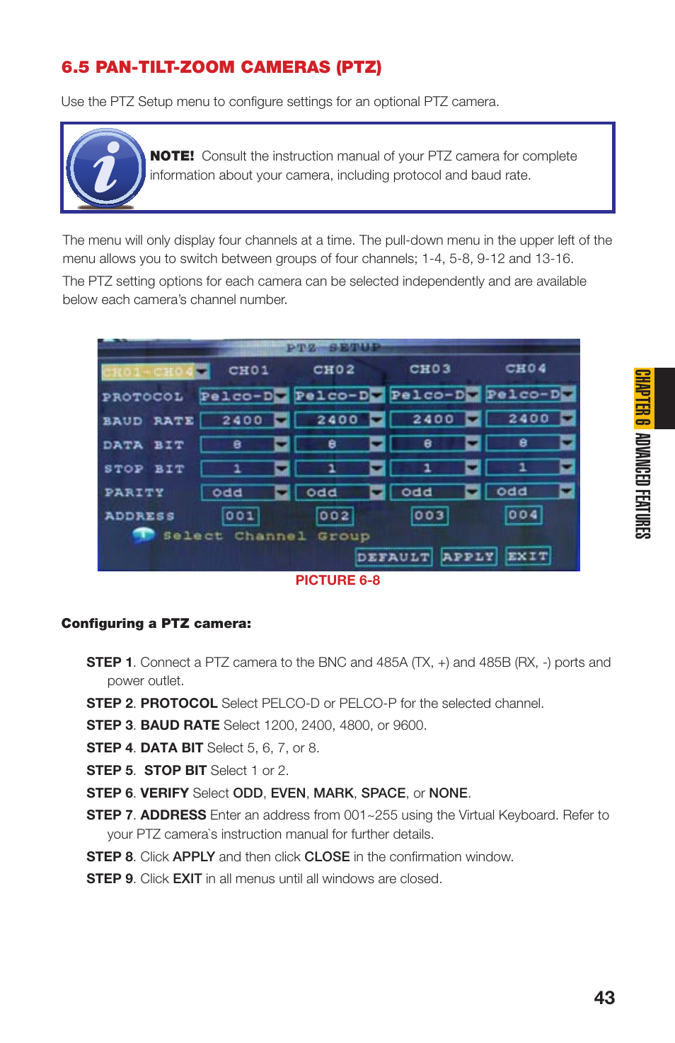 5 pan-tilt-zoom cameras (ptz), Chapter 6 adv anced fea tures | Q-See QS408 User Manual | Page 43 / 85