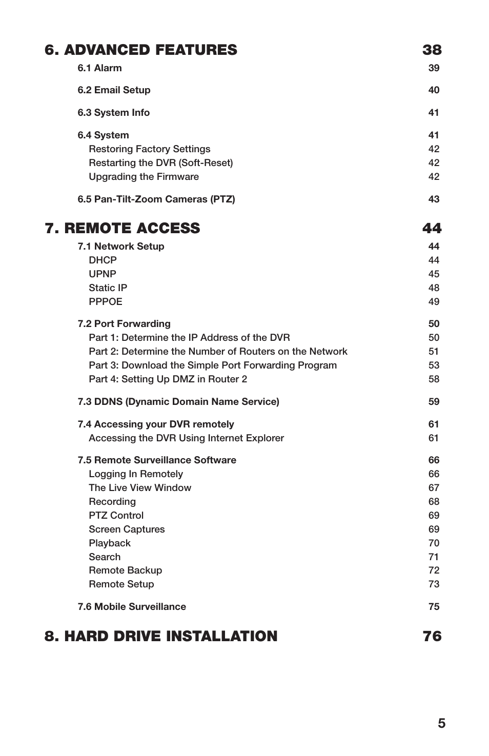 Advanced features 38, Remote access 44, Hard drive installation 76 | Q-See QS408 User Manual | Page 5 / 85