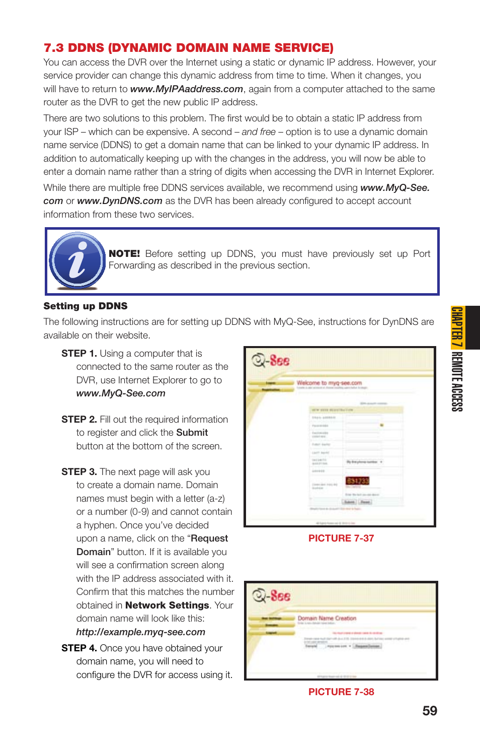 3 ddns (dynamic domain name service), Chapter 7 remote access | Q-See QS408 User Manual | Page 59 / 85