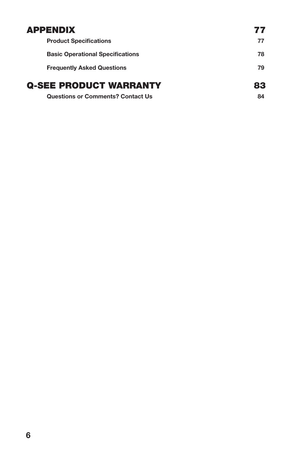 Appendix 77, Q-see product warranty 83 | Q-See QS408 User Manual | Page 6 / 85