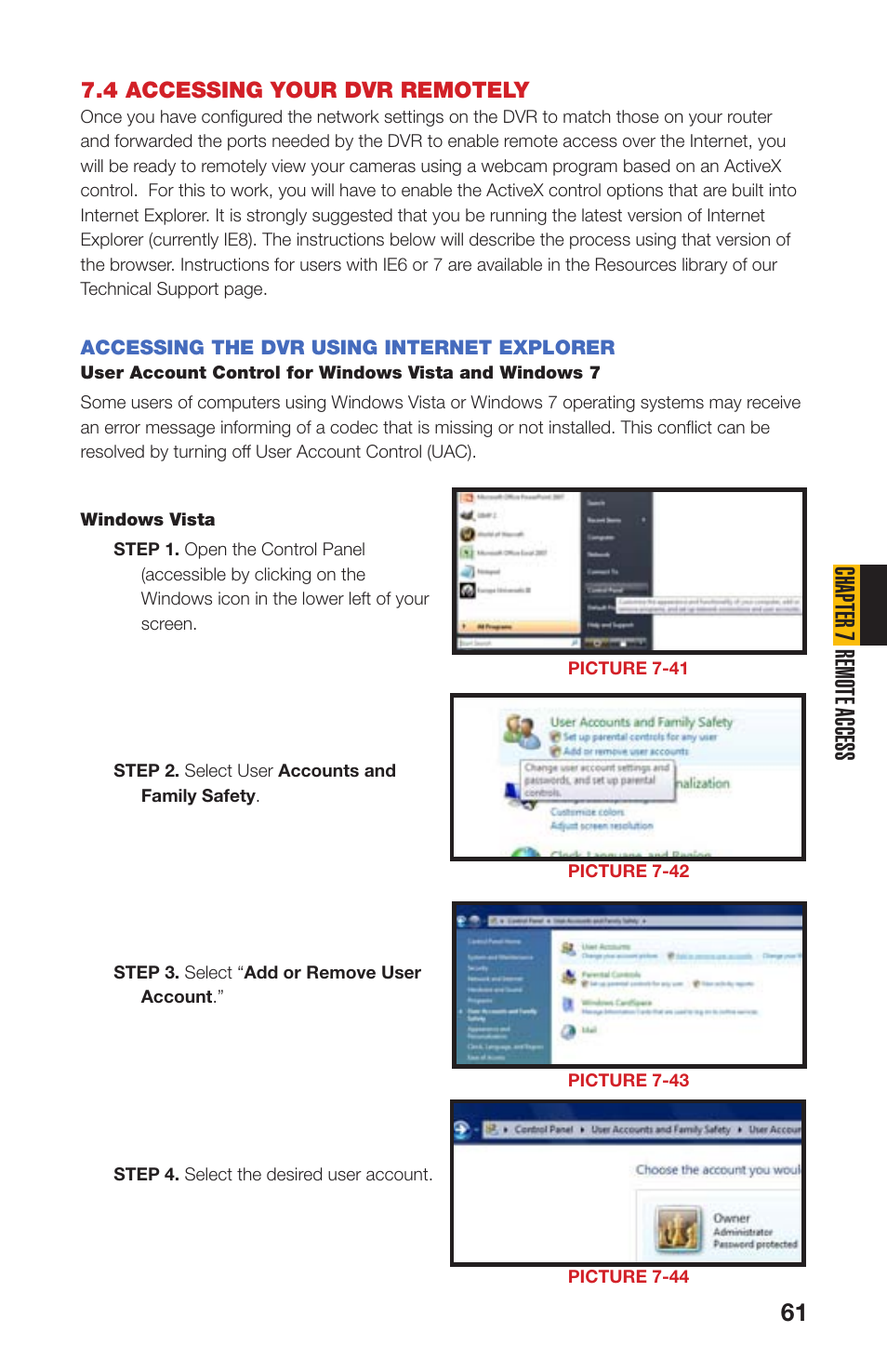 4 accessing your dvr remotely, Accessing the dvr using internet explorer, Chapter 7 remote access | Q-See QS408 User Manual | Page 61 / 85