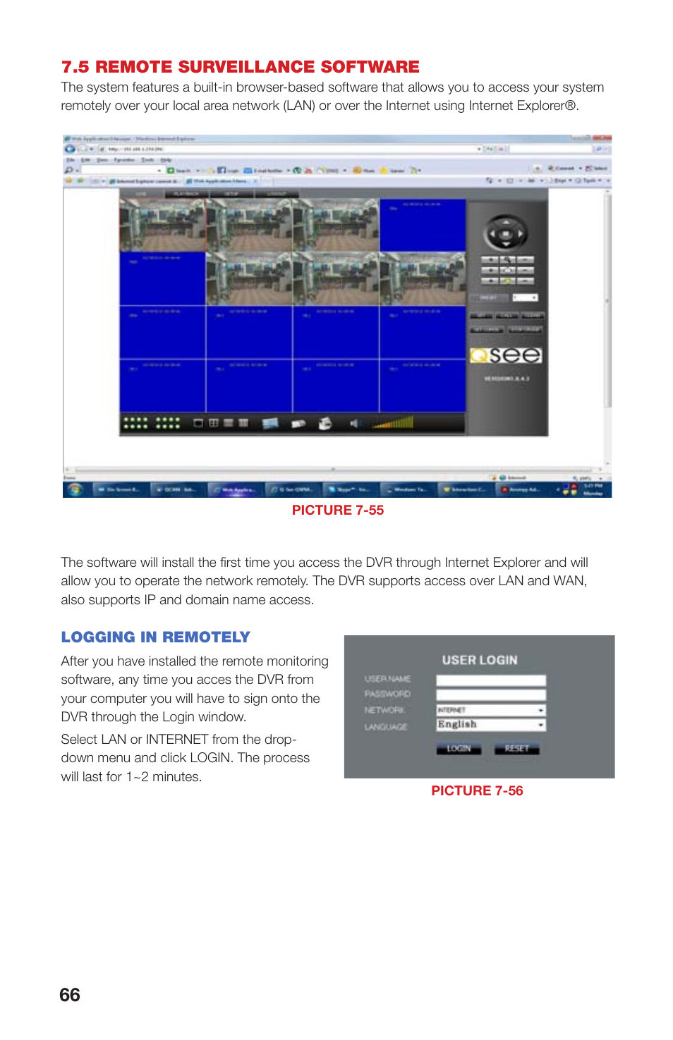 5 remote surveillance software, Logging in remotely | Q-See QS408 User Manual | Page 66 / 85