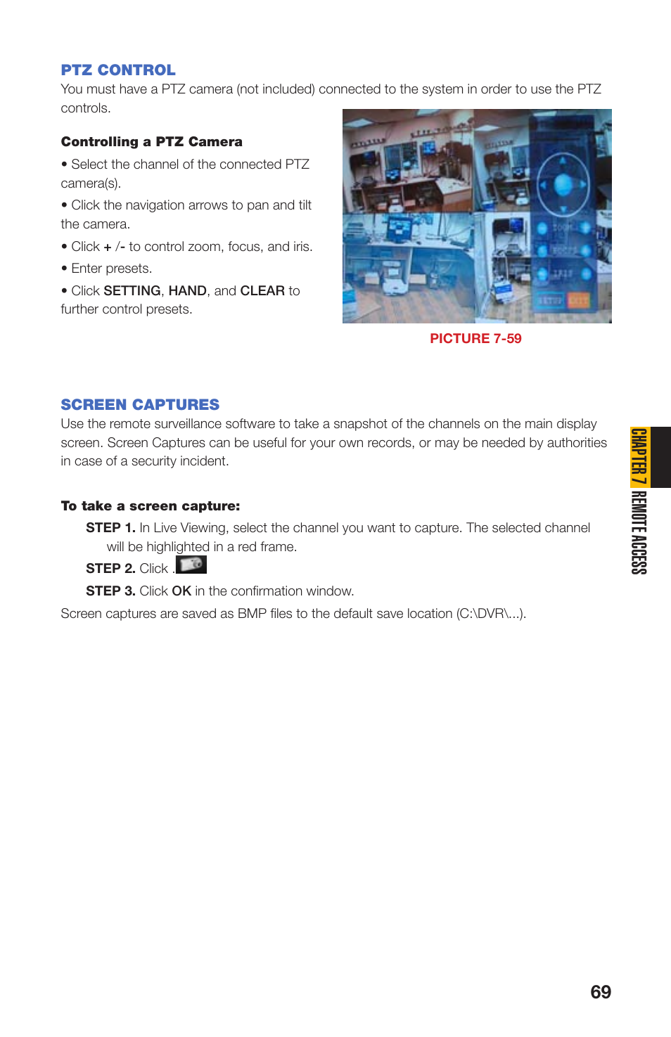 Ptz control, Screen captures, Chapter 7 remote access | Q-See QS408 User Manual | Page 69 / 85