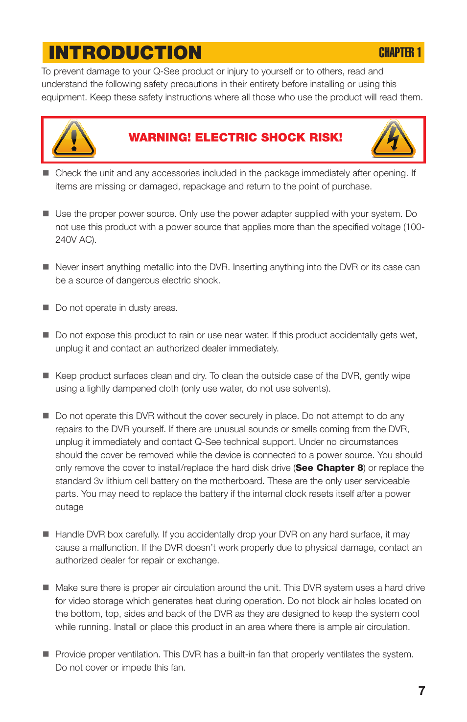 Introduction, Chapter 1, Warning! electric shock risk | Q-See QS408 User Manual | Page 7 / 85