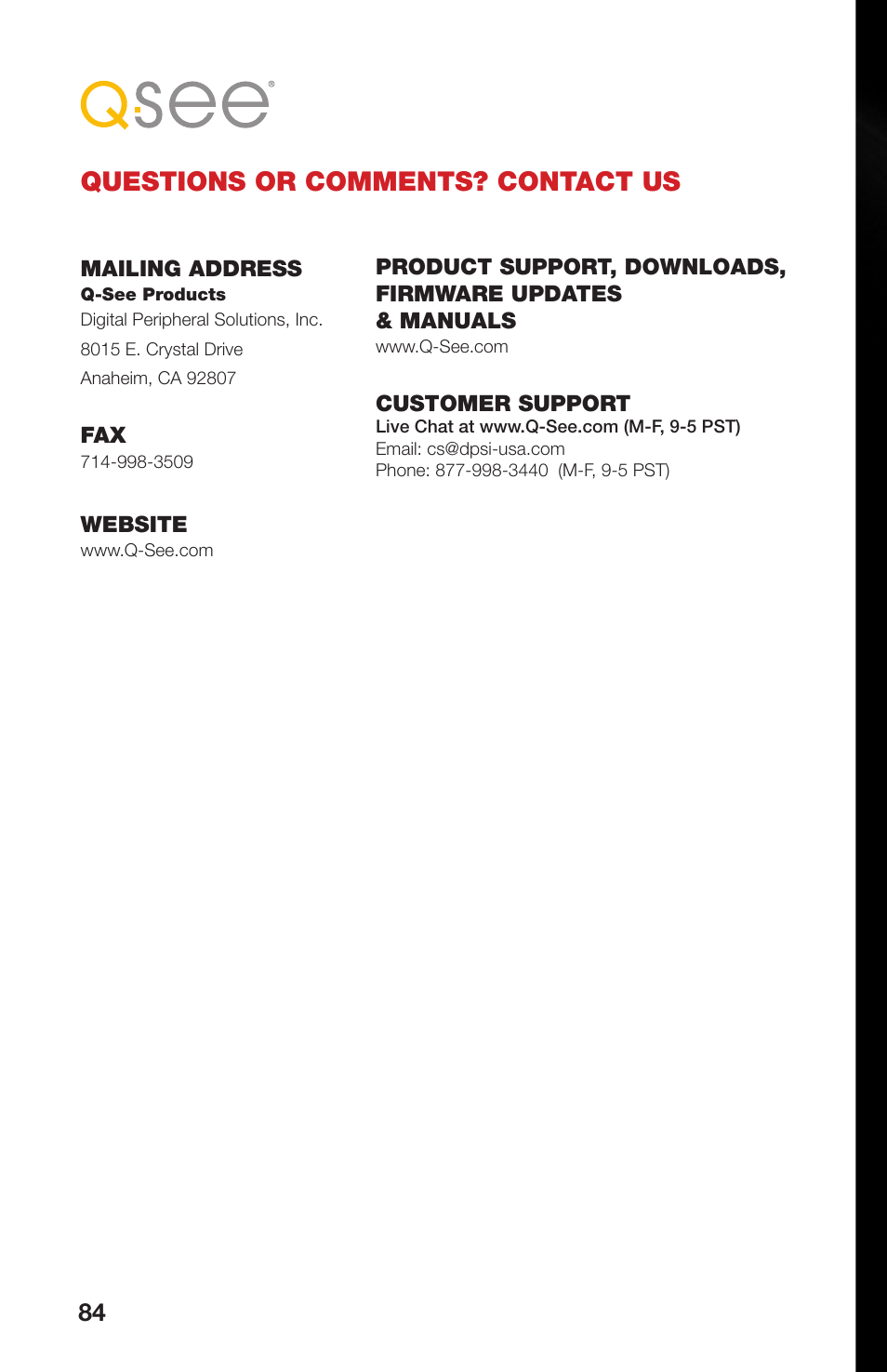 Questions or comments? contact us | Q-See QS408 User Manual | Page 84 / 85