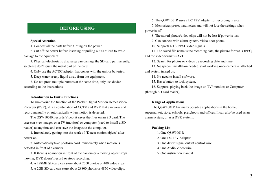 Special attention, Introduction to unit’s functions, Range of applications | Packing list, Before using | Q-See QSW1001R User Manual | Page 2 / 20