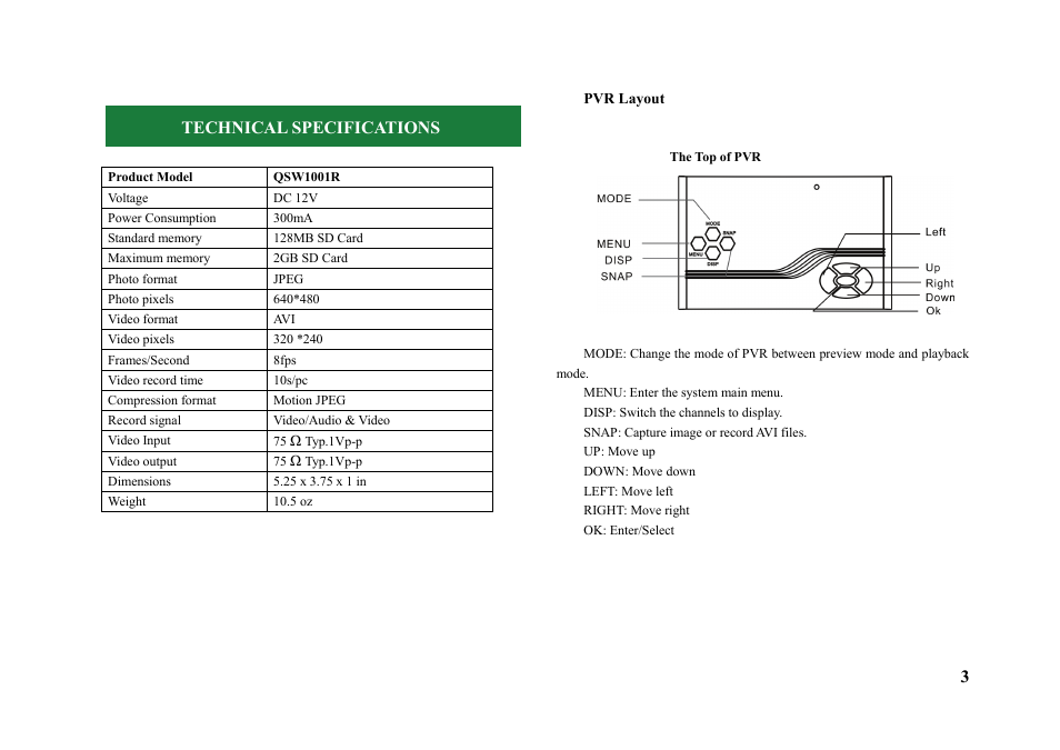 Pvr layout, Technical specifications | Q-See QSW1001R User Manual | Page 3 / 20