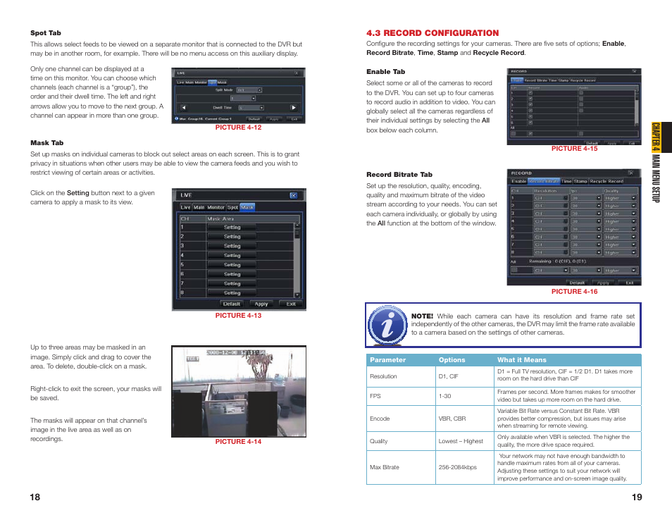 3 record configuration, Chapter 4 main menu setup | Q-See QT454  EN User Manual | Page 10 / 27