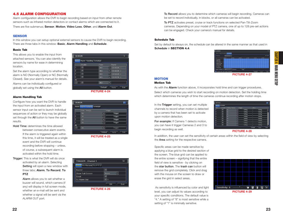 5 alarm configuration, Sensor, Motion | Chapter 4 main menu setup | Q-See QT454  EN User Manual | Page 12 / 27