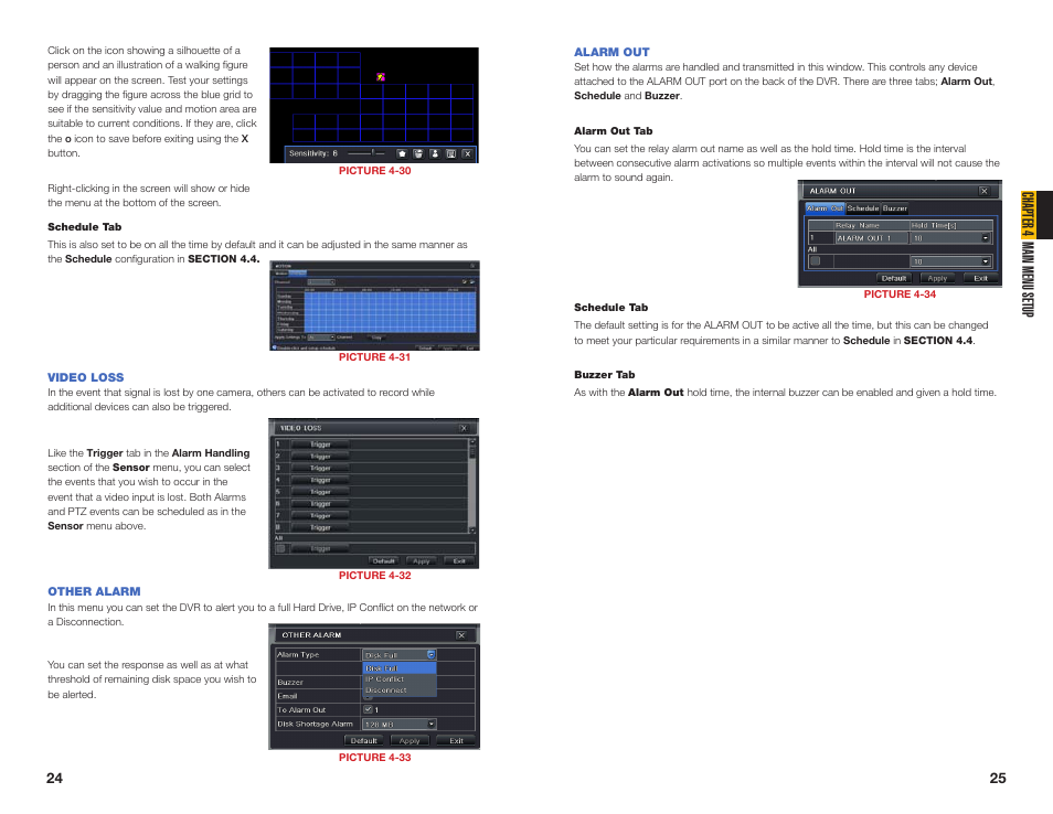 Video loss, Other alarm, Alarm out | Chapter 4 main menu setup | Q-See QT454  EN User Manual | Page 13 / 27