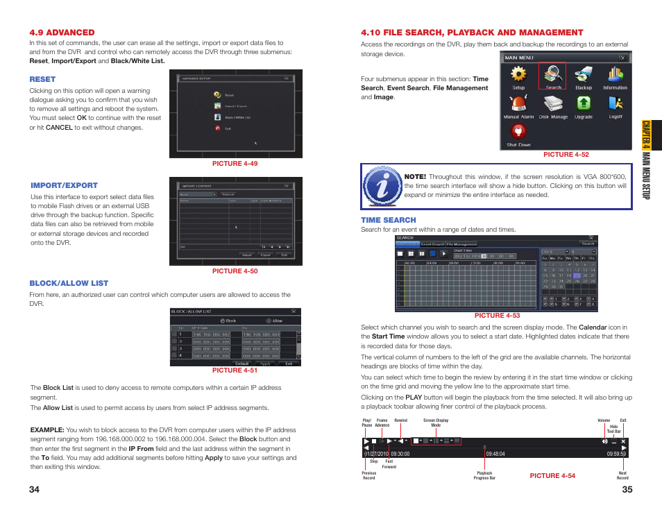 9 advanced, Time search, Chapter 4 main menu setup | 10 file search, playback and management | Q-See QT454  EN User Manual | Page 18 / 27