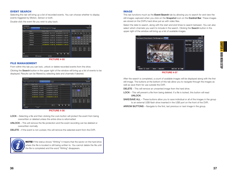 Event search, File management, Image | Chapter 4 main menu setup | Q-See QT454  EN User Manual | Page 19 / 27