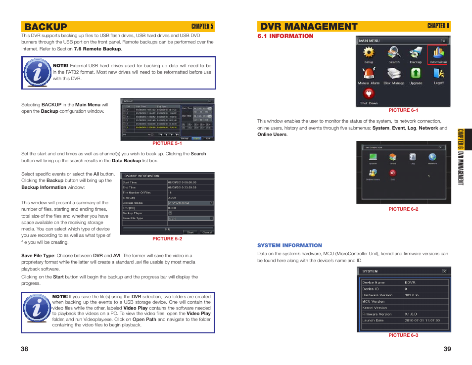 1 information, Backup, Dvr management | Chapter 6 dvr management, Chapter 5, Chapter 6 | Q-See QT454  EN User Manual | Page 20 / 27