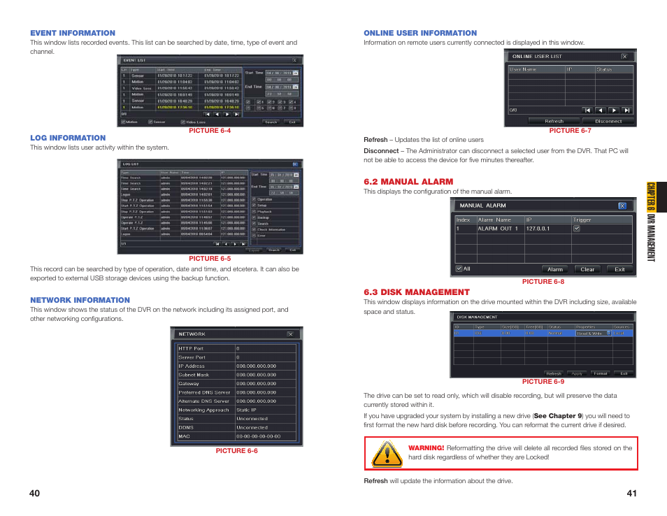 3 disk management, 2 manual alarm, Event information | Log information, Network information, Online user information, Chapter 6 dvr management | Q-See QT454  EN User Manual | Page 21 / 27