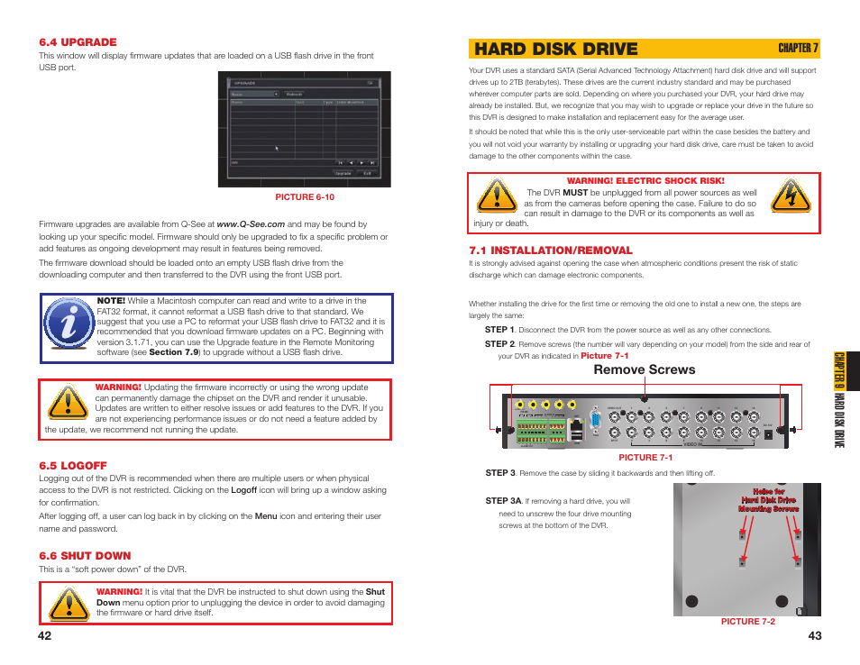 1 installation/removal, 6 shut down, Hard disk drive | 5 logoff, 4 upgrade, Chapter 9 hard disk drive, Chapter 7, Gnd com no sv remove screws | Q-See QT454  EN User Manual | Page 22 / 27