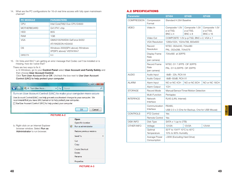 A.2 specifications, Appendix | Q-See QT454  EN User Manual | Page 25 / 27