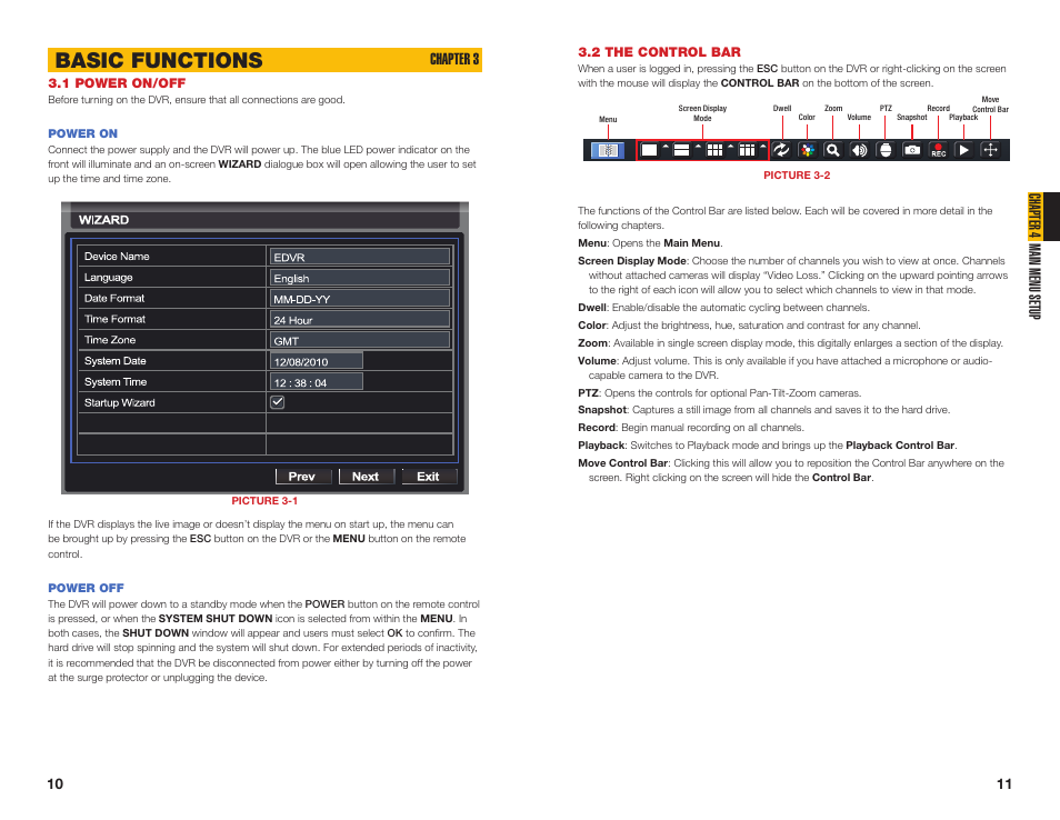 2 the control bar, 1 power on/off, Power on | Power off, Basic functions, Chapter 4 main menu setup, Chapter 3 | Q-See QT454  EN User Manual | Page 6 / 27