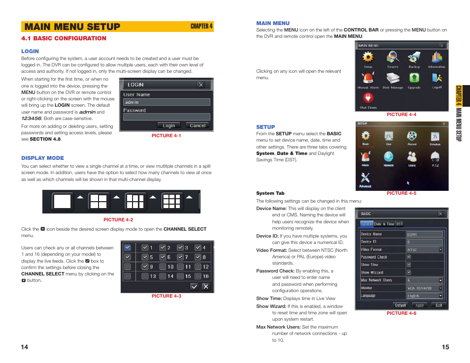 1 basic configuration, Login, Main menu | Setup, Main menu setup, Chapter 4 main menu setup, Chapter 4 | Q-See QT454  EN User Manual | Page 8 / 27