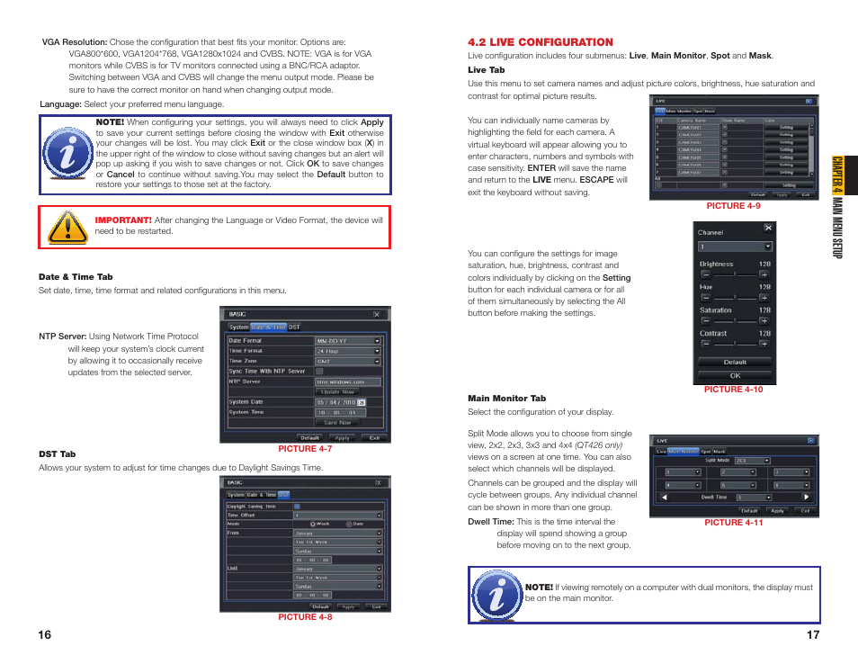 2 live configuration, Chapter 4 main menu setup | Q-See QT454  EN User Manual | Page 9 / 27